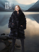 Black fox fur coat with shawl collar, voluminous fur sleeves, model full-length front view.