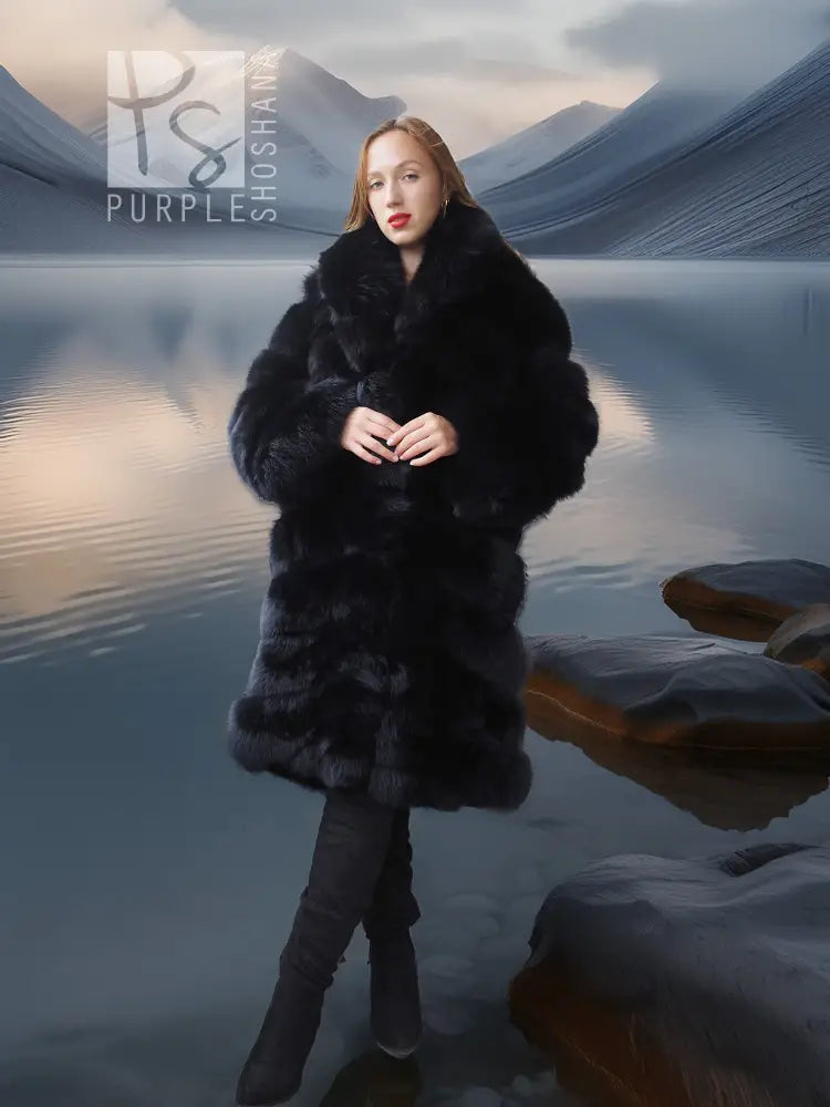 Black fox fur coat with shawl collar, longline silhouette, model standing pose.