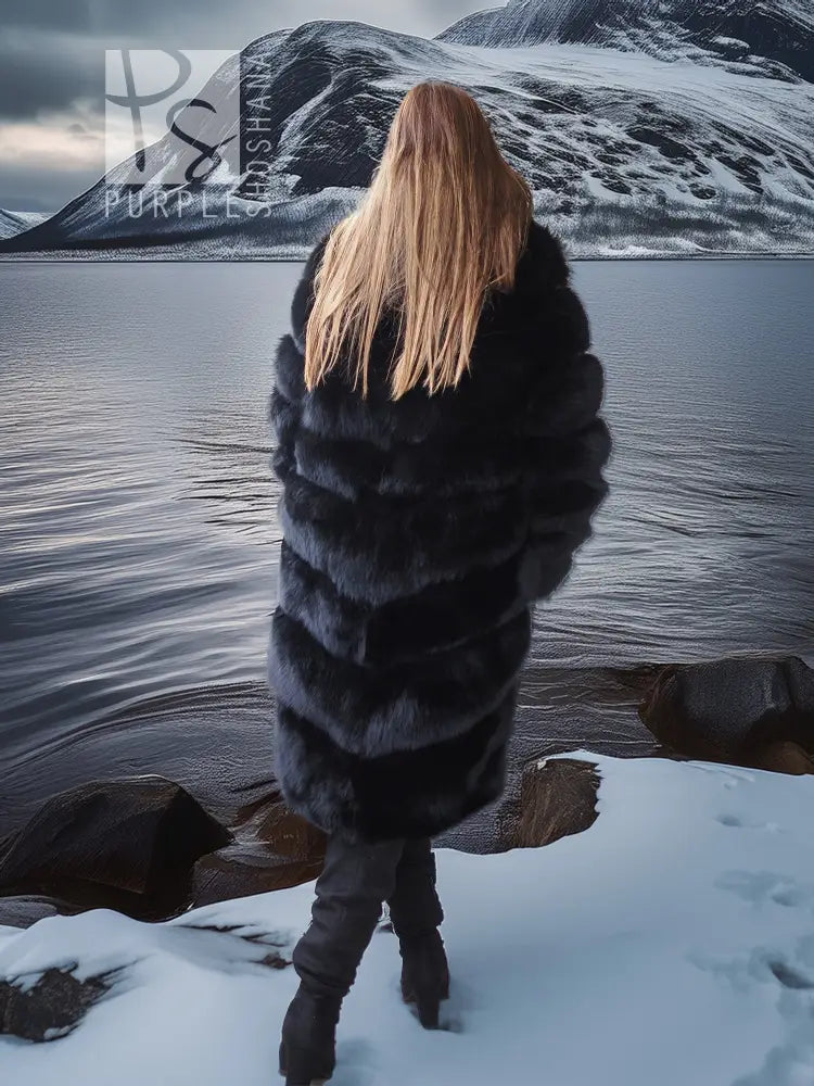 Black fox fur coat with shawl collar, back view showing full fur length and hem.