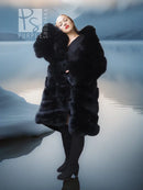 Black fox fur coat with shawl collar, three-quarter view