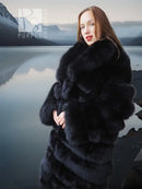 Black fur coat with shawl collar, thick textured panels, buttonless front