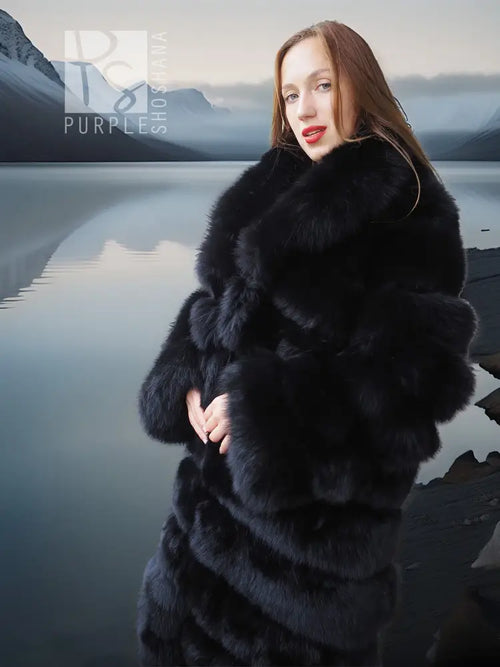 Black fur coat with shawl collar, thick textured panels, buttonless front