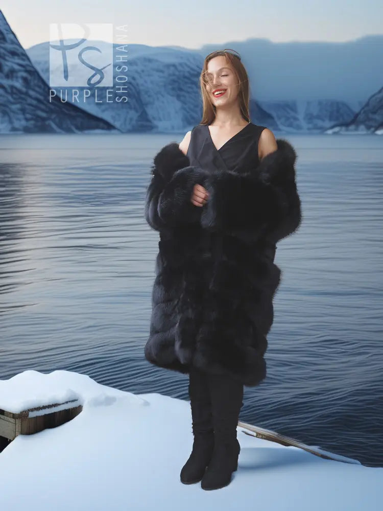 Black fox-fur coat with shawl collar, open front, long sleeves, layered texture