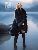 Black fox fur shawl-collar coat with long sleeves, open front, full-length tiered fur