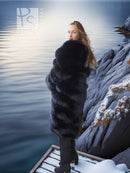 Black fox fur coat with shawl collar, long sleeves, open front, full-length layered fur
