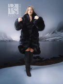 Black fur coat with shawl collar, long sleeves, front view standing pose