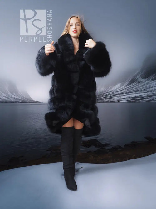 Black fur coat with shawl collar, long sleeves, front view standing pose