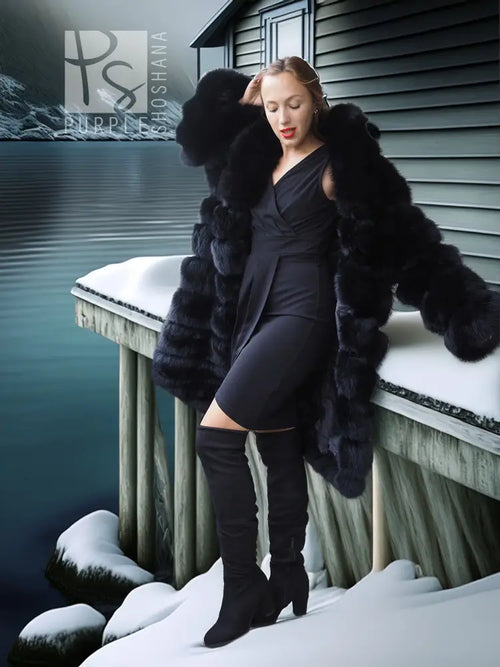Black fox fur shawl-collar coat with long sleeves, open front, layered textured panels