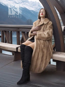 Beige full-length mink coat with fur collar, long sleeves, open front