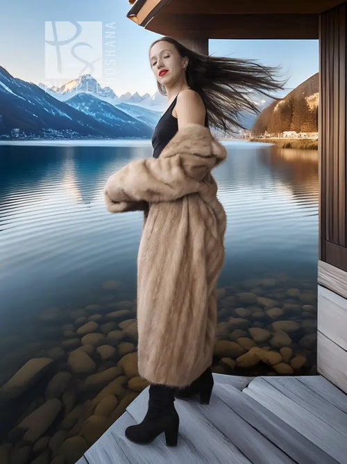 Beige mink coat with fur collar and long sleeves, open front on side view