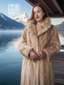 Beige mink coat with wide fur collar and smooth front