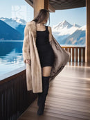 Light beige full-length mink fur coat with open front and long sleeves