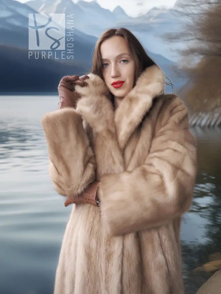 Pastel mink coat with thick fur collar and structured sleeves, front view
