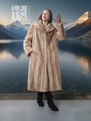 Light beige full-length mink fur coat with open front and wide notched collar