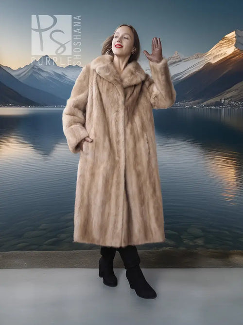 Light beige full-length mink fur coat with open front and wide notched collar