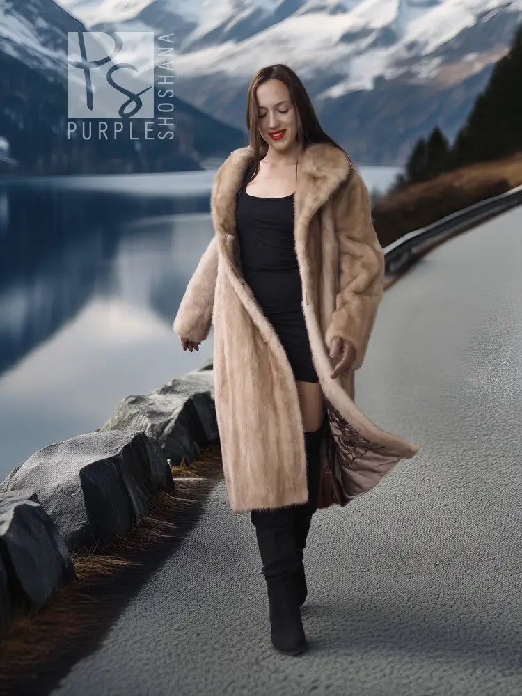 Light beige mink full-length vintage coat, open front with plush fur collar