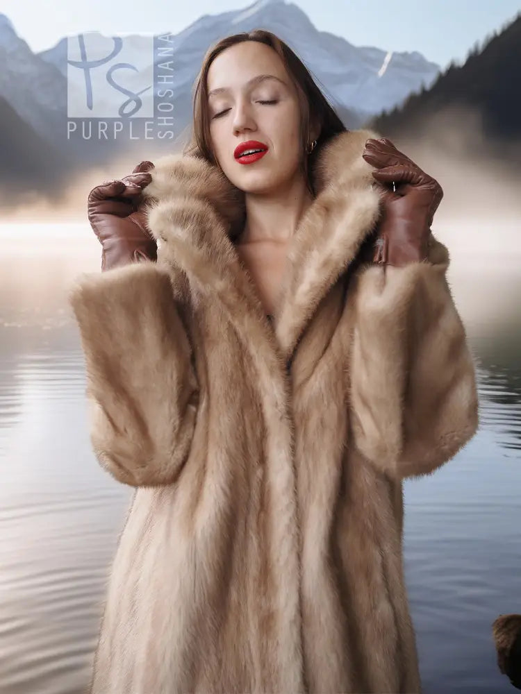 Beige mink coat with plush fur collar and textured sleeves
