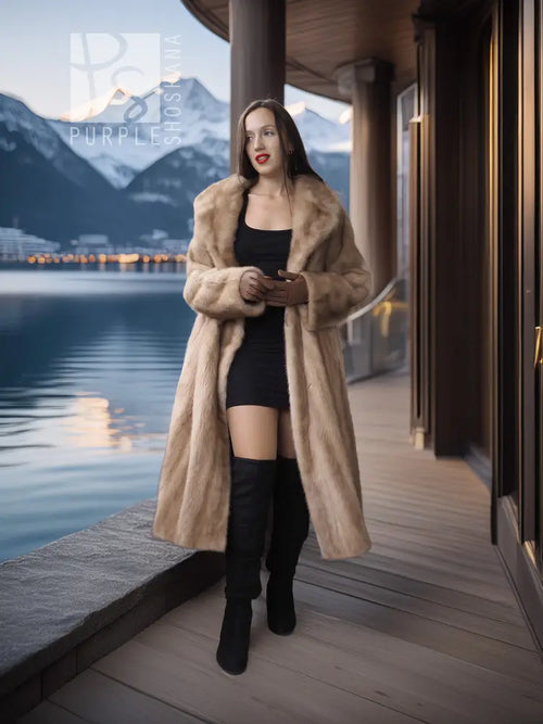 Beige full-length mink coat with fur collar and open front, black boots visible