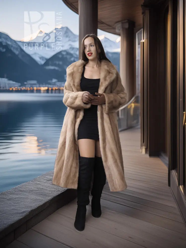 Beige full-length mink coat with fur collar and open front, black boots visible