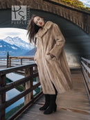 Light beige mink fur coat with open front, long sleeves, and stand collar