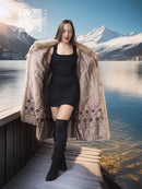 Light beige mink fur coat with open front and embroidered floral lining panels