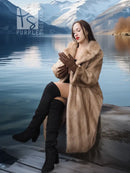 Pastel mink full-length coat with wide fur collar and button front, draped