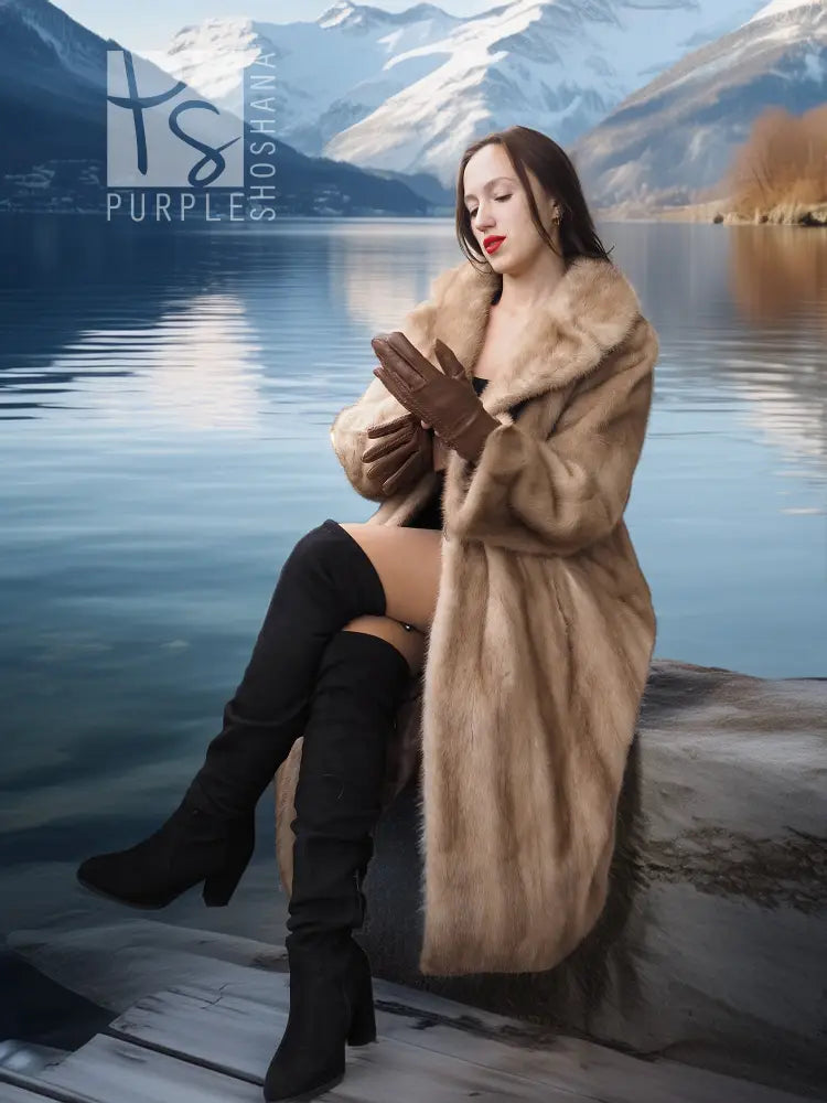 Pastel mink full-length coat with wide fur collar and button front, draped