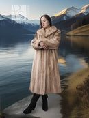 Beige full-length mink coat with fur collar and open front