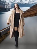 Light beige full-length mink fur coat with open front, plush texture, and wide collar