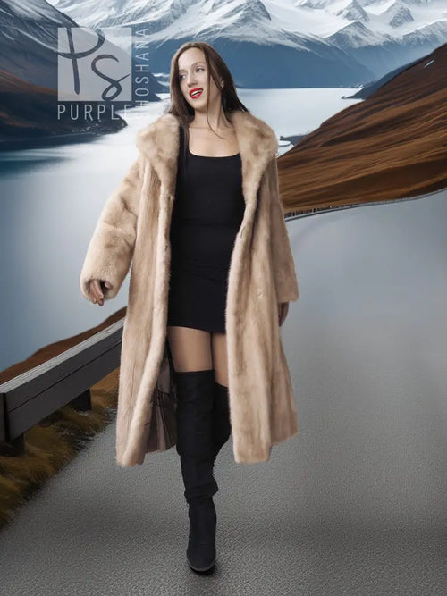 Light beige full-length mink fur coat with open front, plush texture, and wide collar