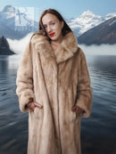 Pastel mink full-length coat with wide fur collar and button front