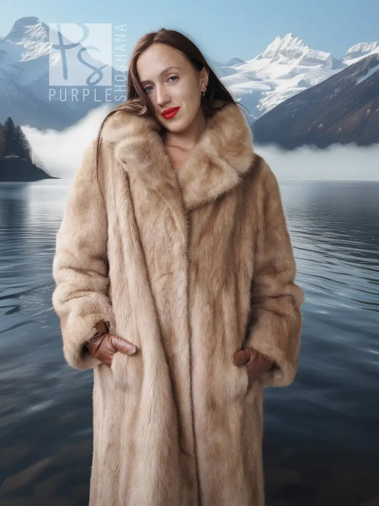 Pastel mink full-length coat with wide fur collar and button front