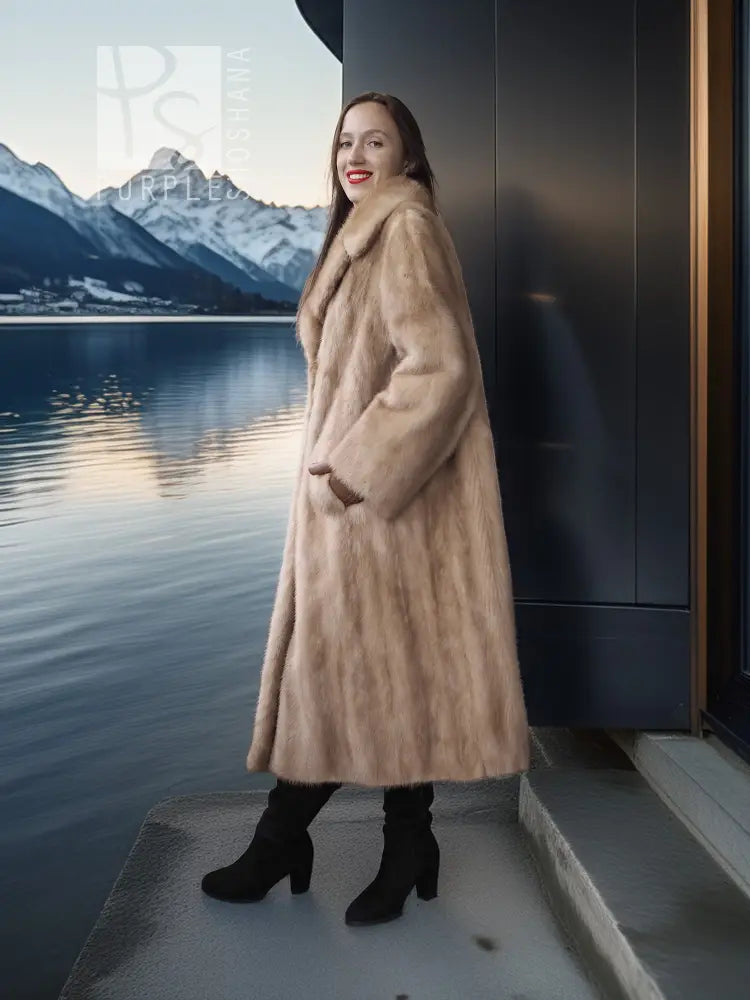 Light beige full-length mink fur coat with open front and large collar