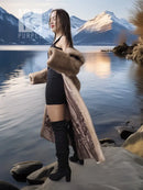 Pastel mink long coat with faux fur trim and side sash ties, open front
