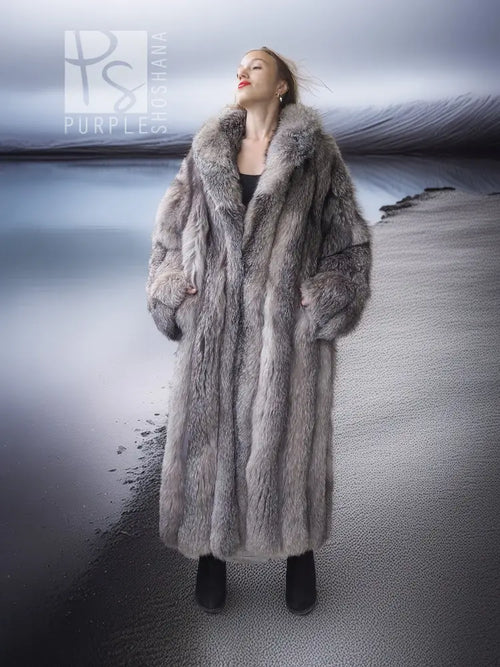 Gray long fur coat with shawl collar, relaxed fit, front open with dark top