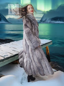 Light gray fox coat with vertical fur texture, open front and wide sleeves