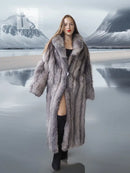 Light gray fox coat with shawl collar, open front, full-length drape
