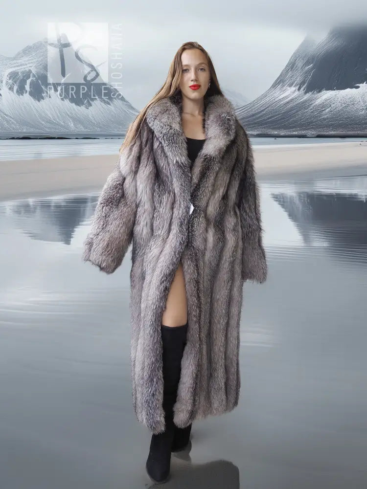 Light gray fox coat with shawl collar, open front, full-length drape