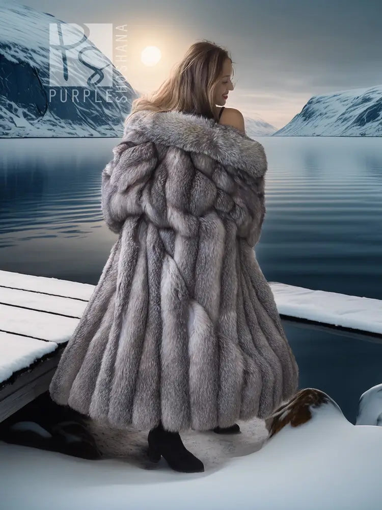 Gray long fur coat viewed from the back with wide hood collar and full sleeves