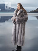 Light gray fox coat with shawl collar, buttonless open front and long sleeves