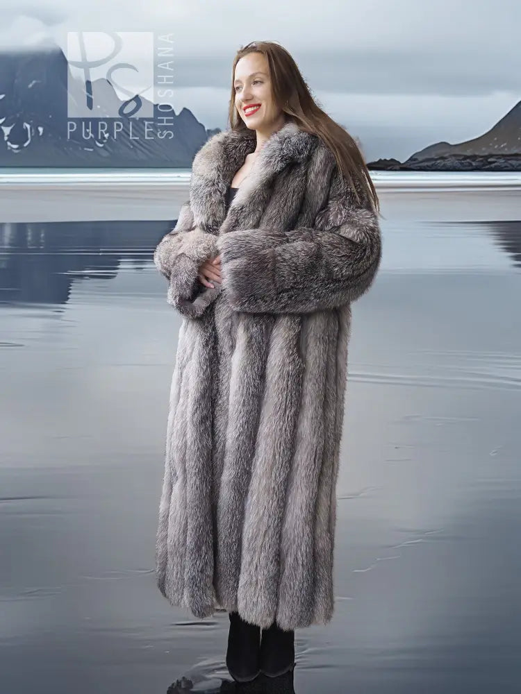 Light gray fox coat with shawl collar, buttonless open front and long sleeves