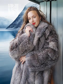 Gray fur coat with shawl collar, full sleeves, and open neckline detail