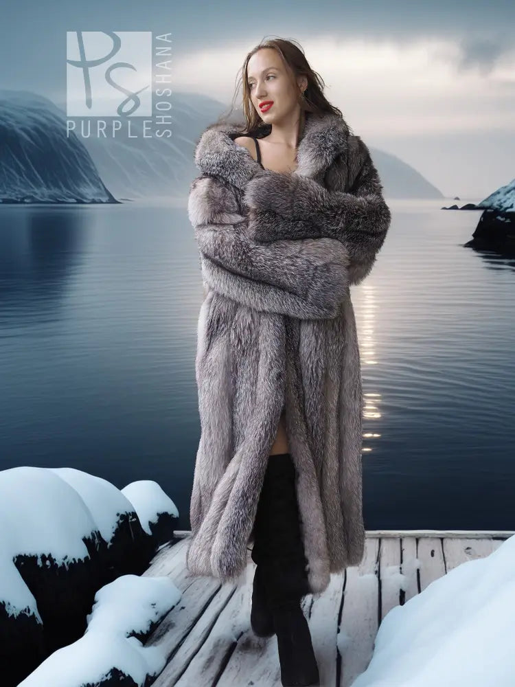 Long gray faux-fur coat, open front with fluffy cuffs; model stands with arms crossed