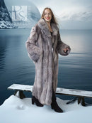 Light gray long fox coat with shawl collar, open front, long sleeves