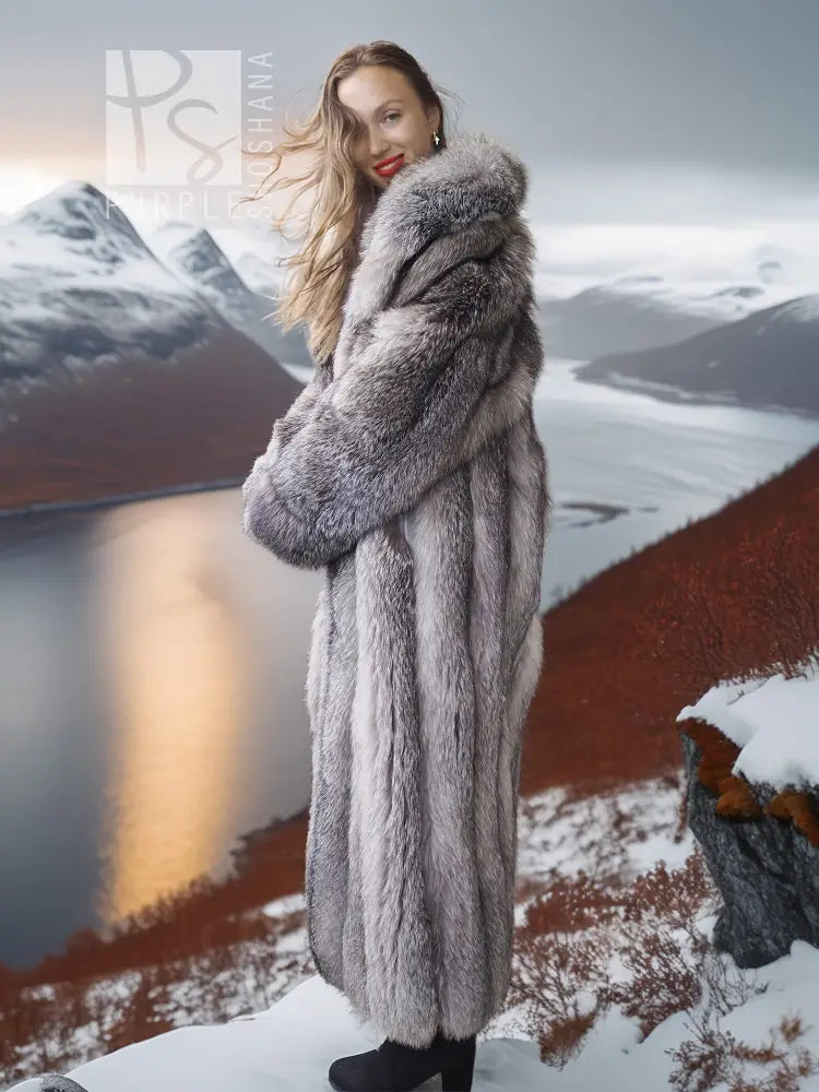 Light gray fox coat with oversized shawl collar, long length and open front