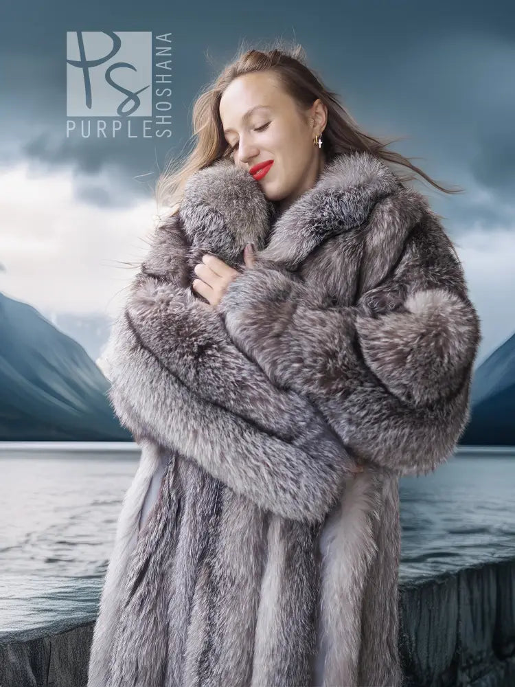 Long gray fur coat with shawl collar, front open over a dark dress