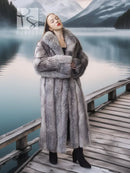 Light gray fox coat with shawl collar, open front, full-length drape