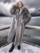 Gray faux-fur long coat with buttonless open front and full-length sleeves