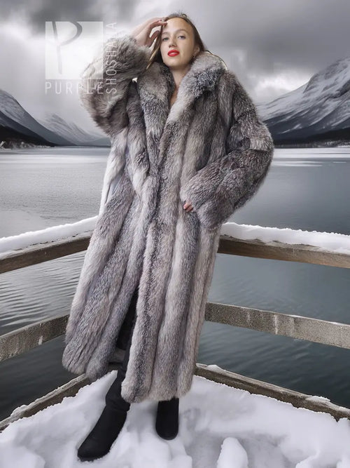 Gray faux-fur long coat with buttonless open front and full-length sleeves
