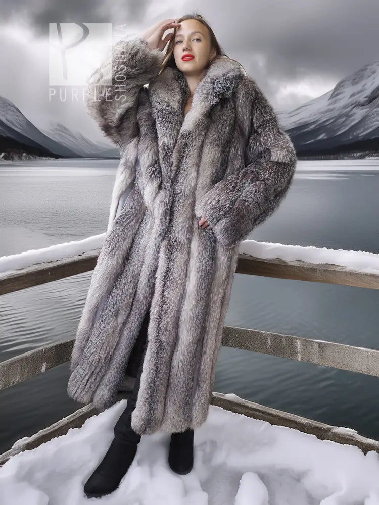 Gray faux-fur long coat with buttonless open front and full-length sleeves